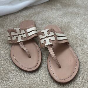 Tory Burch Tan and Cream Thong Sandals with Decorative Emblem